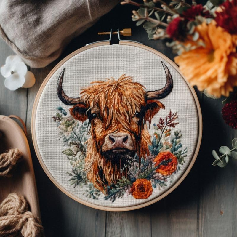 Generic Counted Easy Cross Stitch Kits Highland Cow Color Stamped Embroidery for Starter Kits DIY 11CT Stamped Patterns Embroidery Needlework Kit Supplies 12 Inch Hoop Included(127-E)