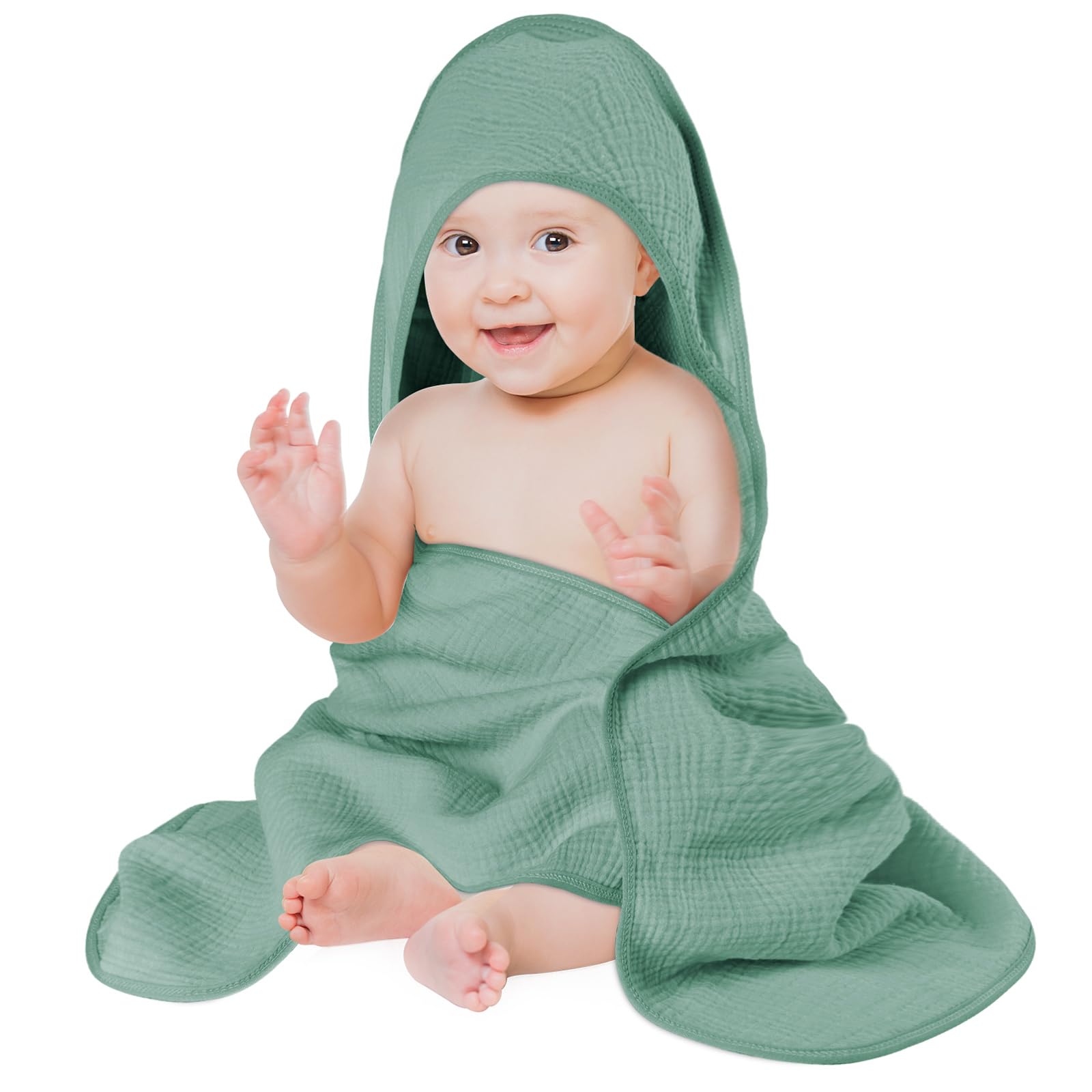 Aolso Accappatoio Neonato, 80x80cm Crêpe Asciugamani Con Cappuccio Per Bambini, Accappatoio Neonato con Cappuccio Extra Morbido e Super Assorbente per Neonati e Bambini 0-3 Anni-Verde
