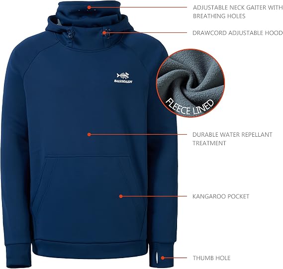 BASSDASH Mens Fishing Fleece Hoodie with Neck Gaiter Water Resistant Performance Hunting Sweatshirt FS18M