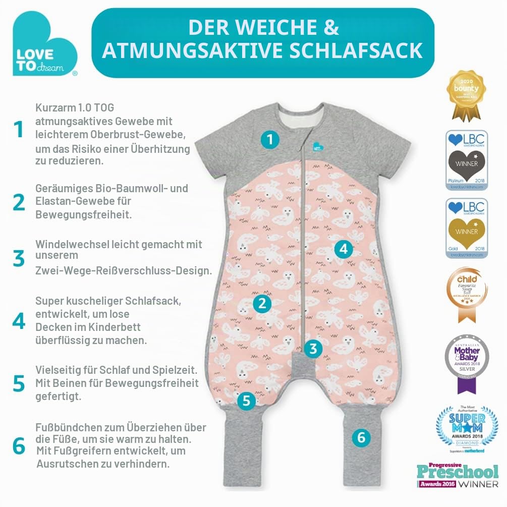 Love To Dream™ Schlafanzug mit Beinen, 6–12 Monate – Rosa | Kurzarm, weiche, leichte tragbare Decke | 1,5 Tog, ganzjährige Nutzung 18–22 °C | Maschinenwaschbares Baumwollfleece