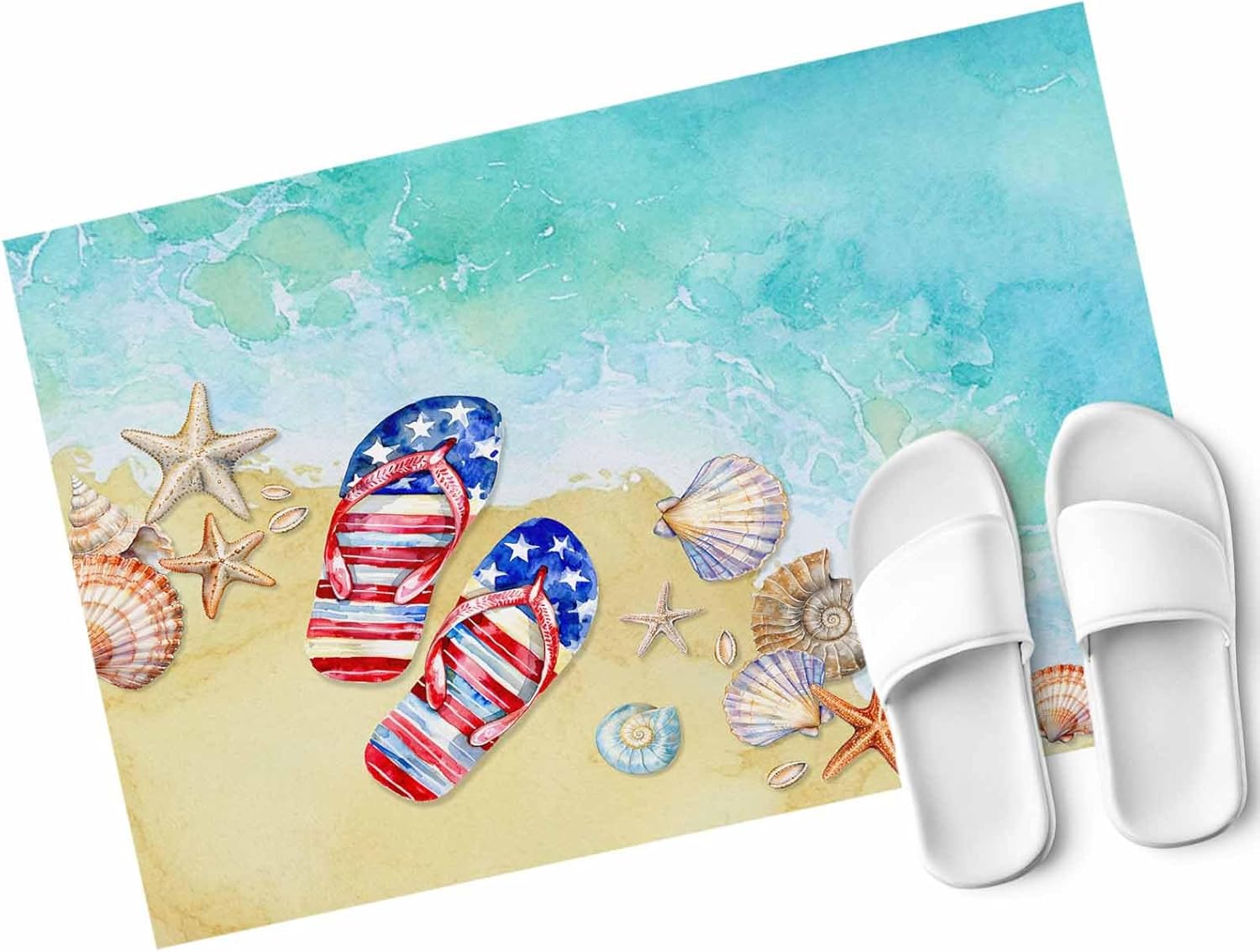 Summer Beach Entrance Floor Mat Personalized Doormat, Red Blue Slippers Welcome Door Mat, Low Profile Non Slip Entry Rugs for Kitchen Bathroom Home Front Decor, 16x24in
