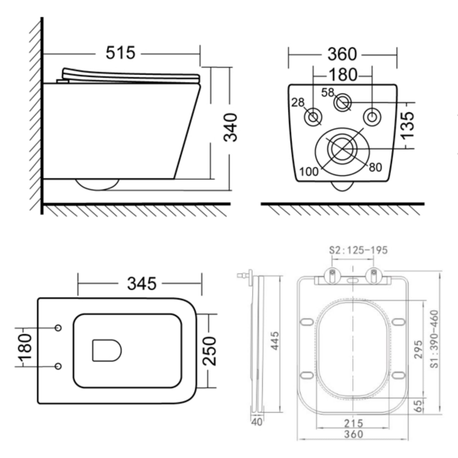 Inodoro de ducha sin borde con boquilla integrada, inodoro Taharet con grifo de agua fría/caliente, inodoro colgante rectangular, de pared blanco con nano, inodoro con tapa de inodoro con descenso