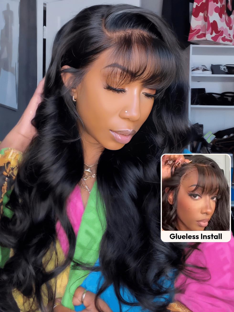 UNICE 20 inch Loose Body Wave 13x4 Lace Front Wigs Human Hair Side Part with Wispy Bangs Pre Everything Glueless Frontal Wig Human Hair Pre Plucked Pre Cut Put on and Go Black Color
