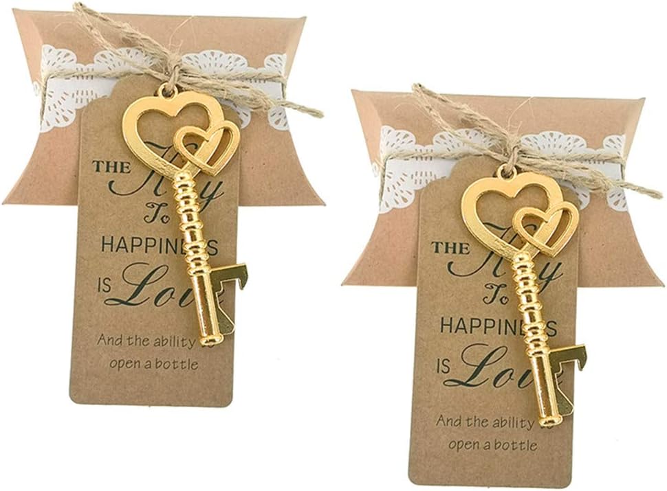 ALIMITOPIA 50pcs Double-heart Key Bottle Opener Wedding Party Favor Souvenir Gift with Candy Box Escort Tag and Jute Rope(Gold Tone)