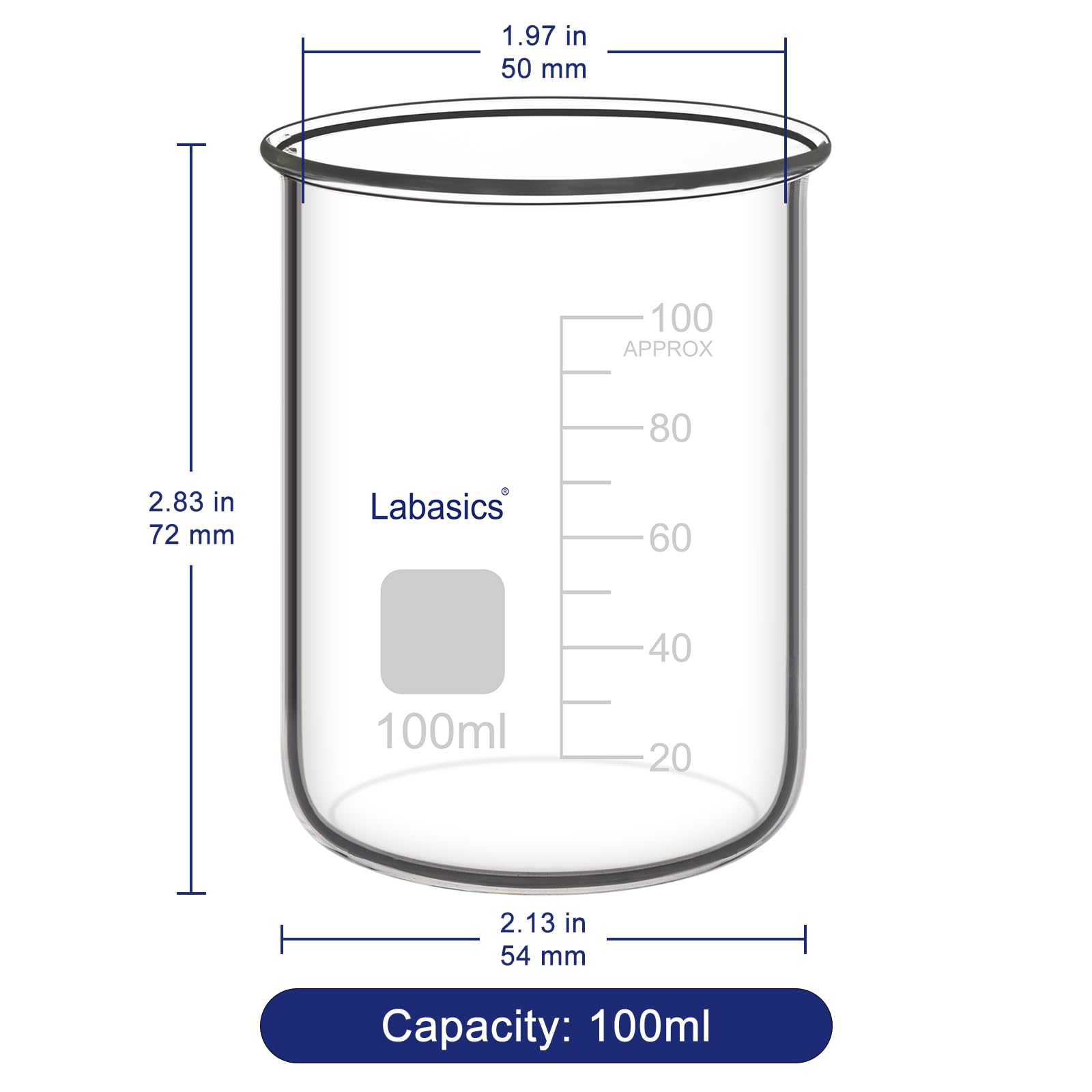 Labasics Becher in Vetro Borosilicato senza Beccuccio, Recipiente Resistente Agli Sversamenti per Miscelazione e Conservazione in Laboratorio, 100 ml