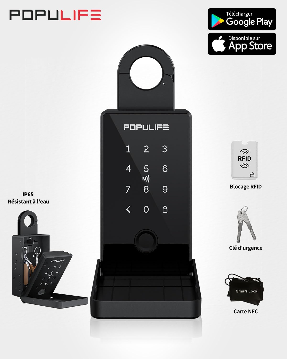 Populife Boite a Clef avec Empreinte Digitale, Smart Boite a Clefs securisee exterieur, Boite à Clé avec Accès à Distance Sans Fil pour Maison, Bureau et Agents Immobiliers, Fonctionne Hors Ligne