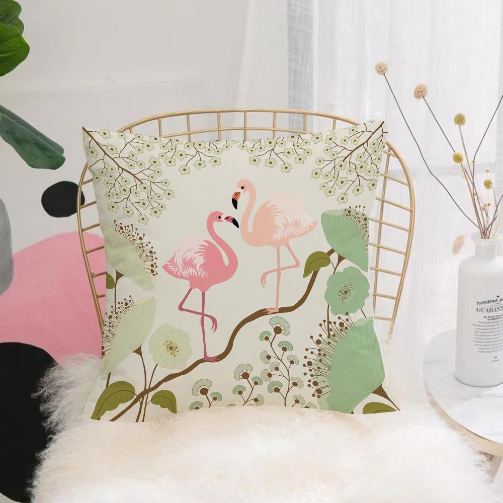 HYOSXW Cushion Cover,Throw Pillow Case Home Decorative for Living Room Bedroom Sofa Chair 16X16 Inch,Peacock, blooming floral background with a pair of flamingos on a tree branch,Pillowcase 40X40cm
