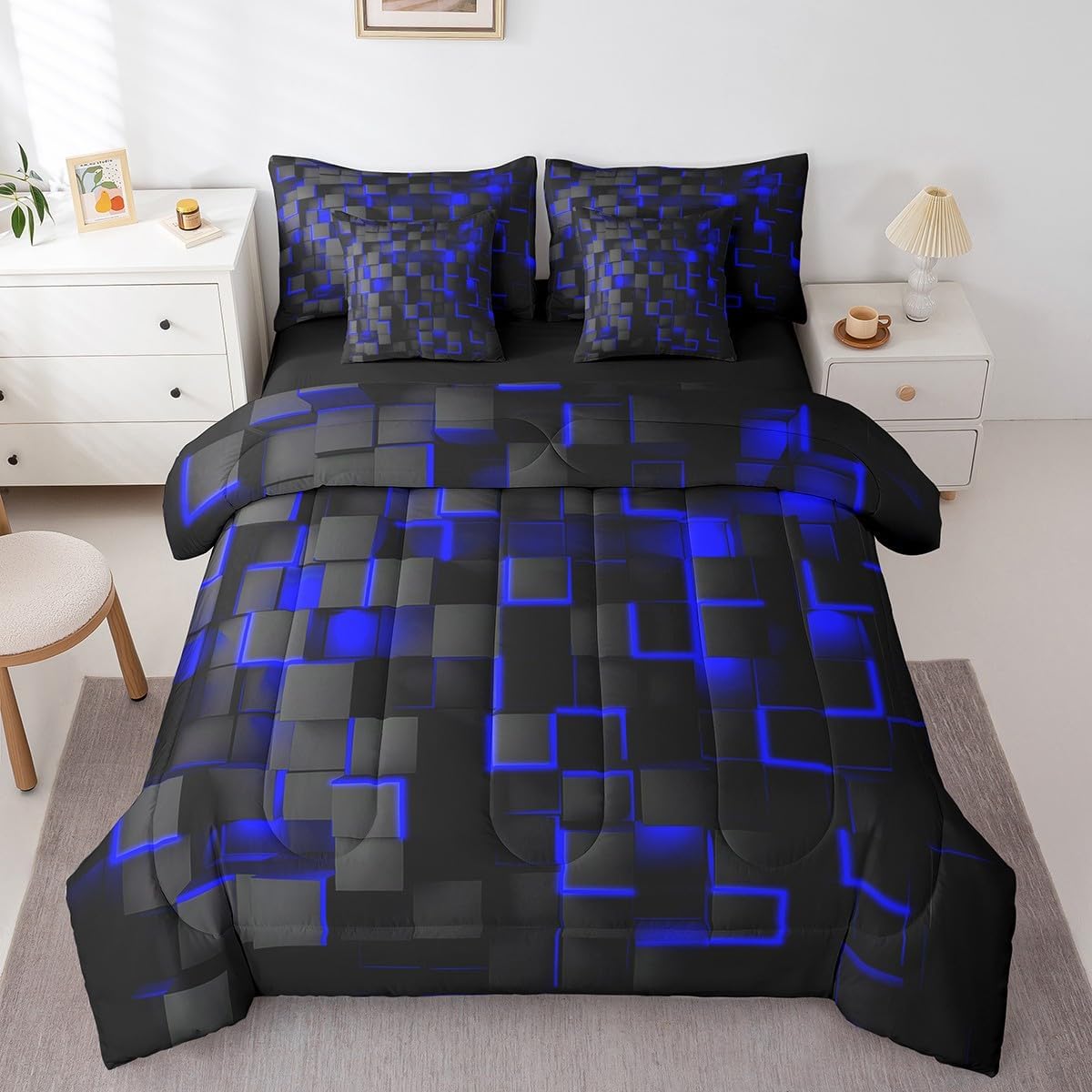 Feelyou Blue and Black Bedding Set Queen Size Light Geometric Comforter Set with Sheets 7 Piece for Kids Boys Decor Bed in a Bag Modern Style Bed Set