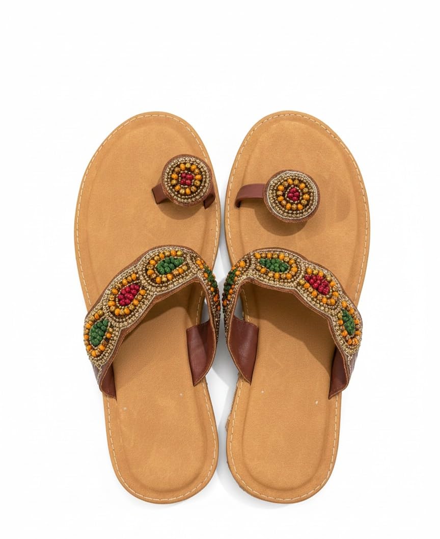 Women’s Embroidered Kolhapuri Flats with Hand Beadwork – Brown & Multicolor-image-13