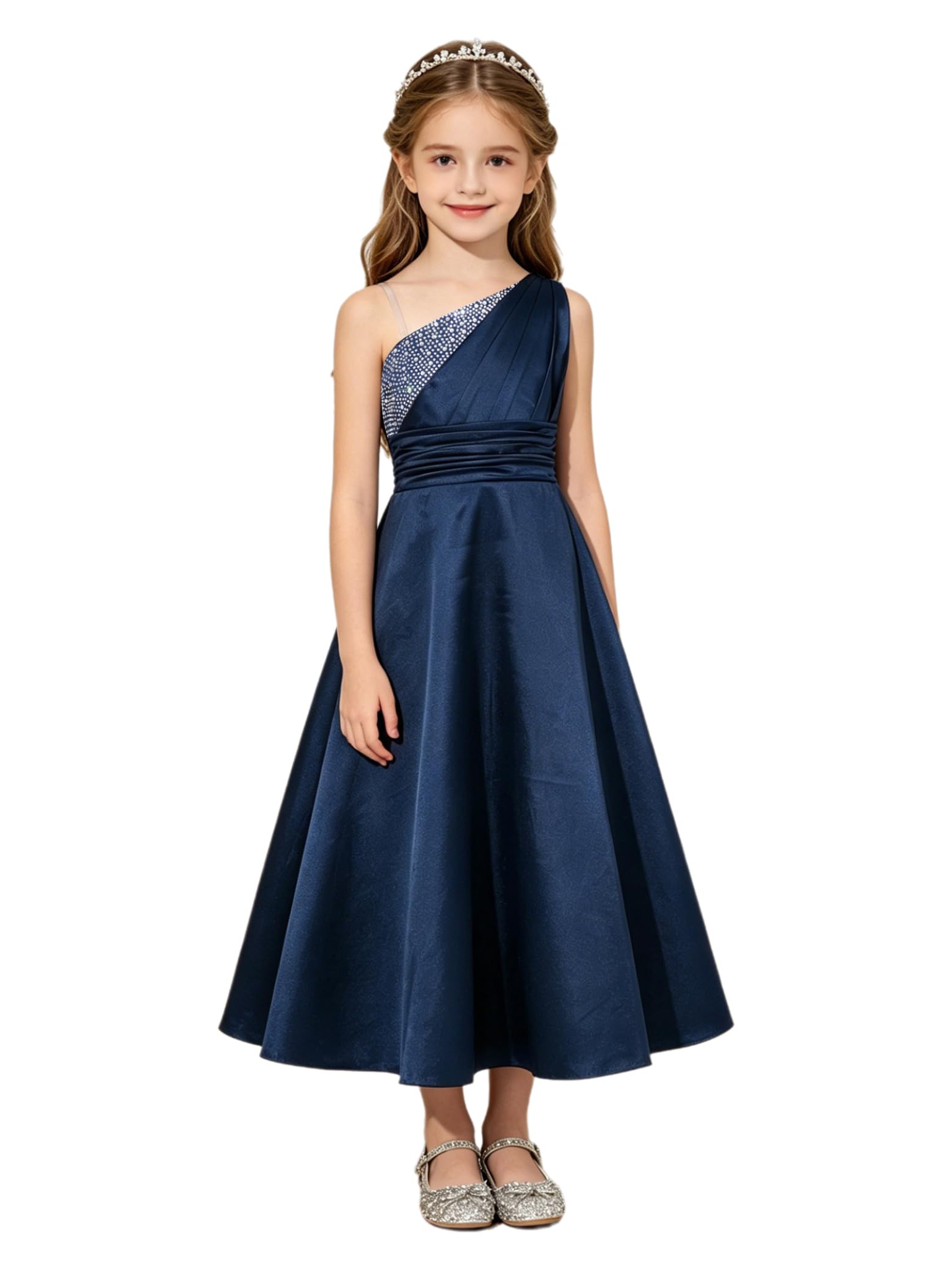 Sxiwei Vestiti Cerimonia Bambine Abiti Sposa Lunghi Abiti Damigelle Onore Fanciulle Fioriere Festa in Seta Spalla Singola con Plissé E Pietre Strass Cocktail Sera