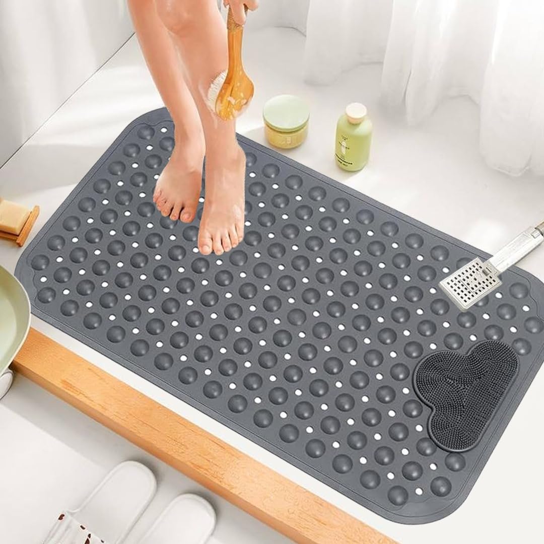 Grey Shower Mat with Foot Massager - 90x60 cm Bath Mat Non Slip Anti Mould & Mildew with Strong Suction Cups and Drain Holes - Soft PVC Bathroom Mat, Quick Dry & Machine Washable