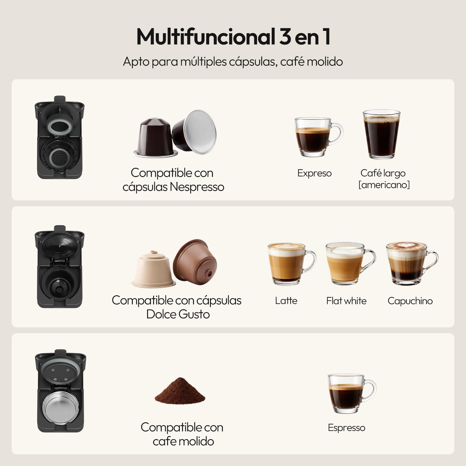 LLIVEKIT Cafetera Multicápsulas 3 en 1 Presión 20 Bar, Autolimpieza | Máquina de Café Compatible con Cápsula Nespresso/Dolce Gusto/Café Molido, Depósito 920 mL, Calentamiento Rápido 40s