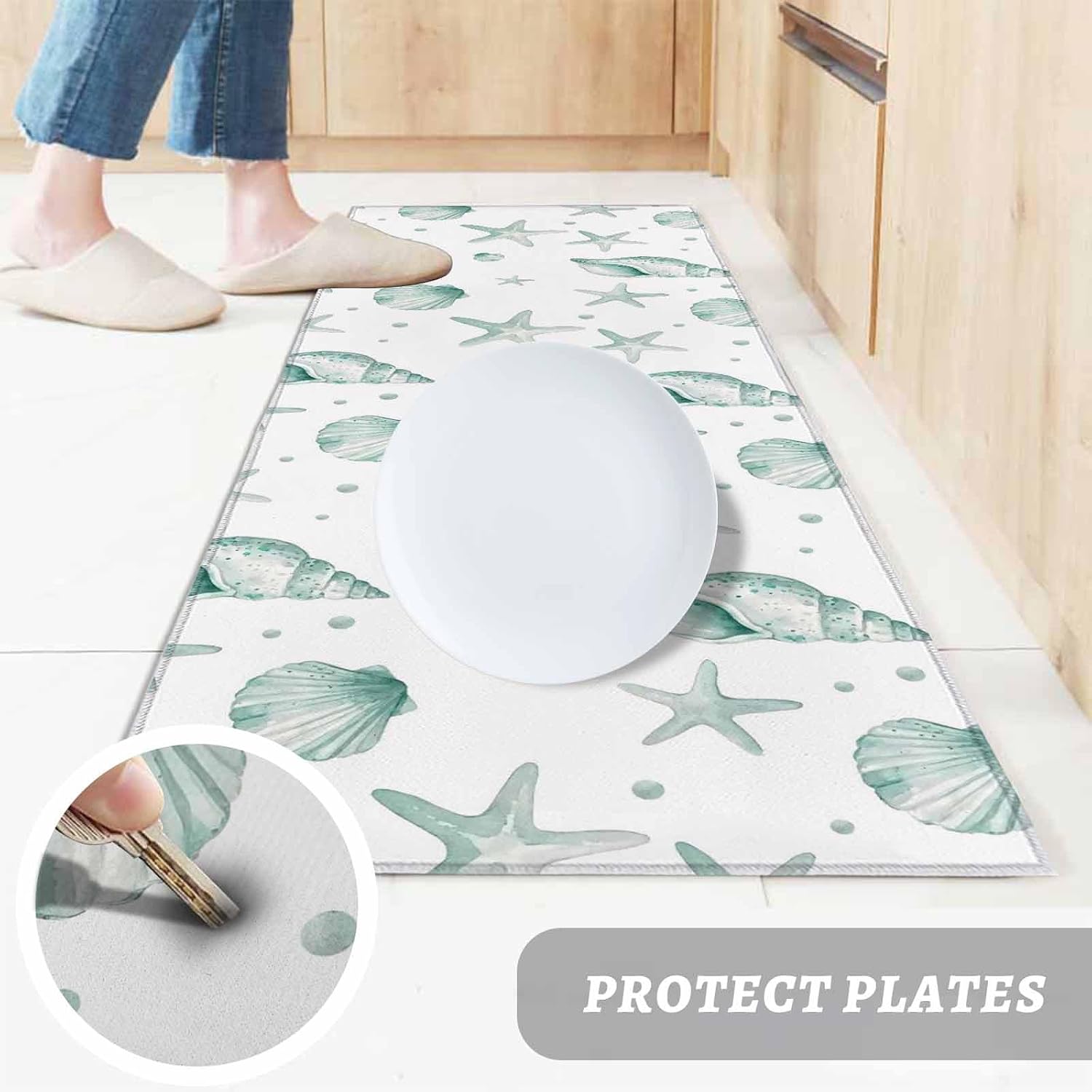 Kitchen Mats for Floor Sea Starfish Shell Conch Washable Non Slip Kitchen Rugs 2PCS, Summer Green Ocean Theme Absorbent Standing Mats for Sink Bathroom Office Living Room 15.7x23.6in+15.7x47.2in