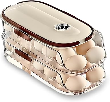 Egg Holder for Fridge,28 Auto Rolling Egg Container Clear& Lid