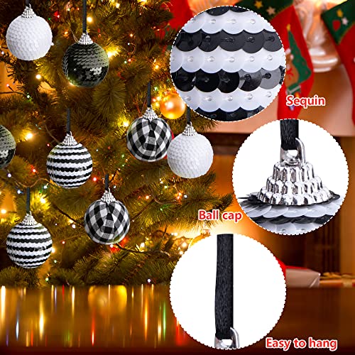 12Pcs Black And White Sequin Balls ,1.96" Christmas Buffalo Plaid Hanging Balls,Shatterproof Xmas Checkered Tree Ornaments For Party Home Decor #TOP2