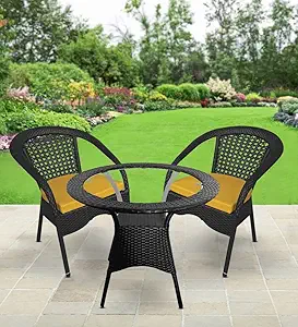 ARTIC FASHION Patio Chair Sets Garden Wicker Furniture Set for Outdoor Patio and Balcony || Powder Coated Frame| UV Protected Wicker with Cushions [2 Chair, 1 Table]