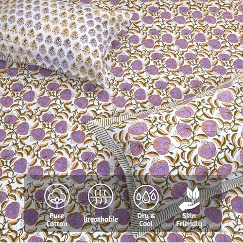 Image of TOAI Hand Block Printed Bedsheet | Bed Spread Flatsheet Bed Sheet | Pure Cotton | Queen Size 90 inchx108 inch | 210 TC Luxury Cotton | 2 Reversible Pillow Covers |Round Florals on White