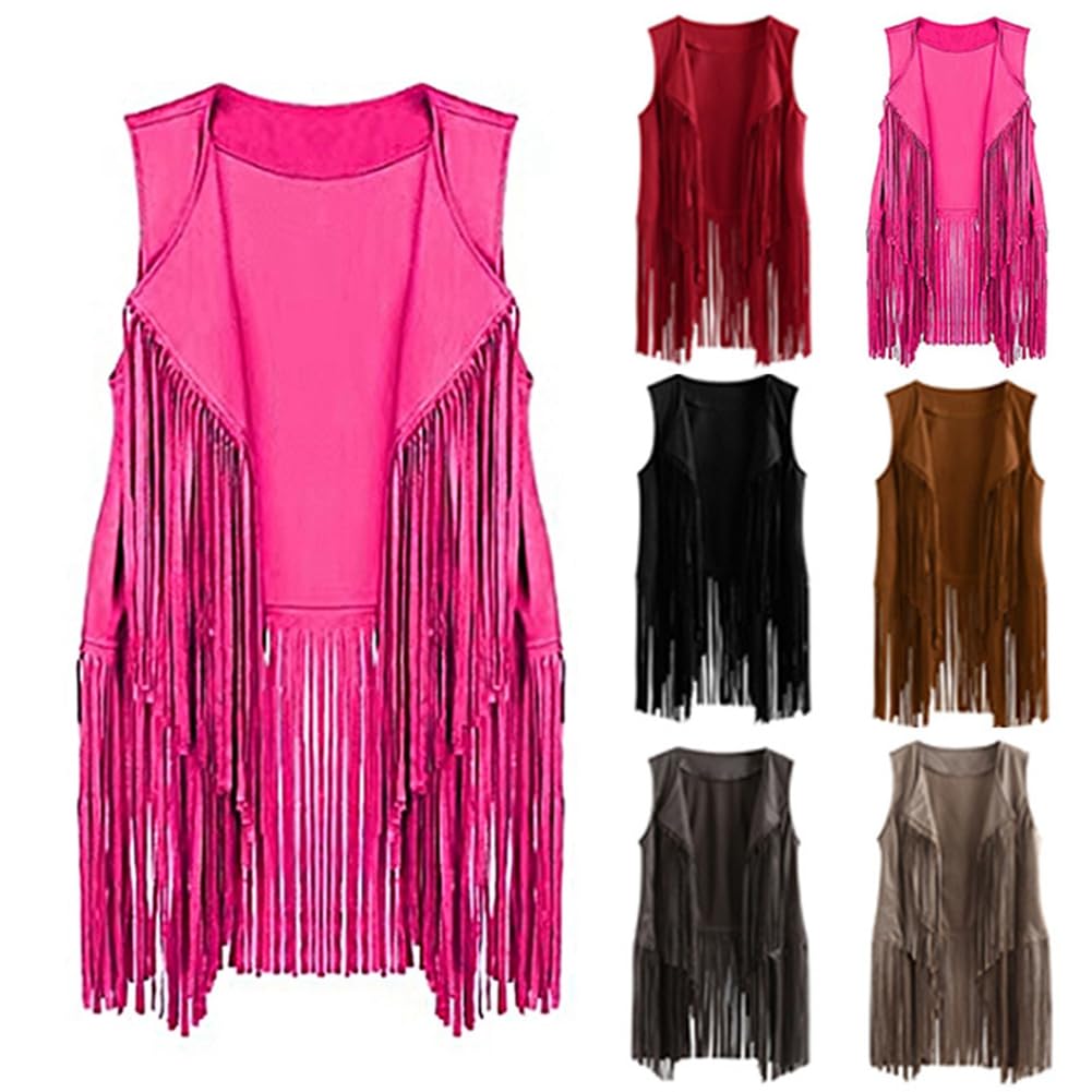 Chaleco de Ante Sintético para Mujer - Estilo Étnico Cárdigan Con Flecos - Vaquero Vintage Sin Mangas - Largo Motorista Chaqueta