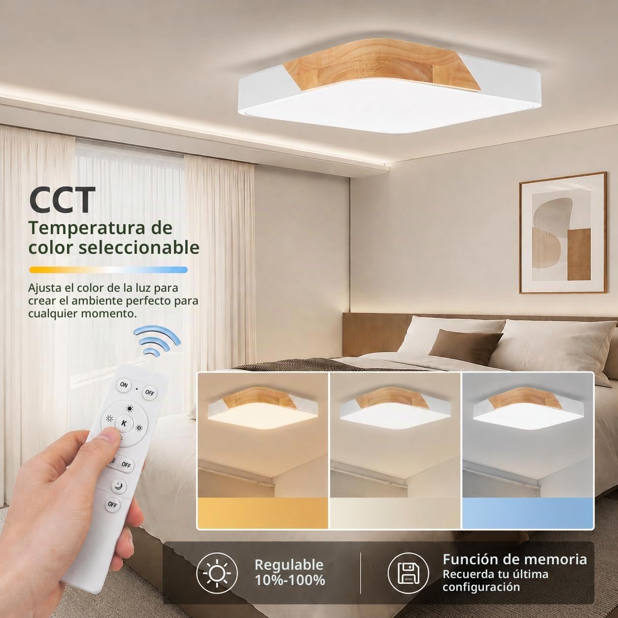 M Ledme - Plafón LED Techo Blanco Cuadrado 24W con Mando a distancia, Regulable 2700K-6500K blanco frío a cálido, 2400LM, Diseño Blanco con Madera Natural, para Baño, Cocina, Balcón,LM8282