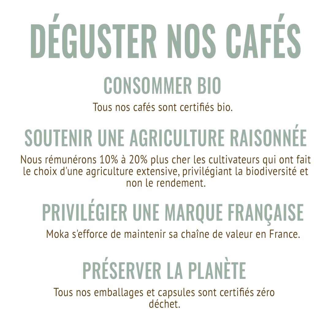 MOKA - 100 Capsules Café Bio d’excellence 100% Pur Arabica d'Ethiopie Bio (10*10) - Délicat et Fruité - Compatibles avec Nespresso - Intensité 8 - Home Compost - Expresso et Lungo - Torréfié en France
