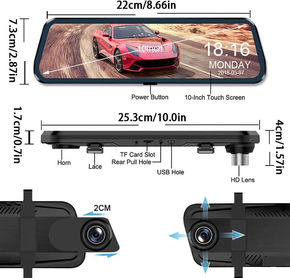 Diagram showing the dimensions and port locations of the dash cam unit