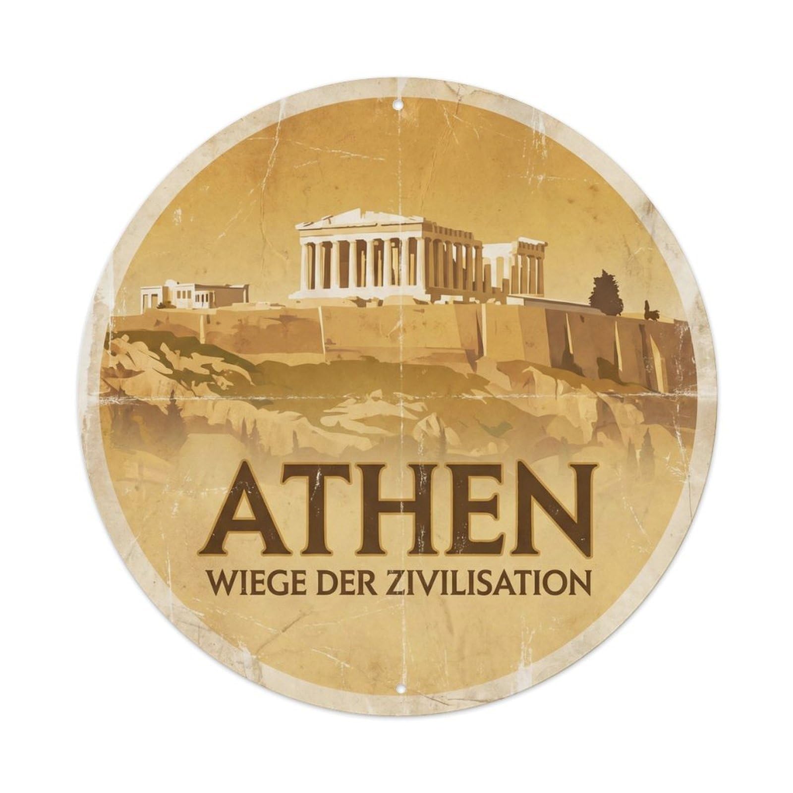 Vintage Travel Acropolis Athens Heritage Metal Tin Sign Plaque Wall Decor for Cafe, Club, Garden Round Metal Poster 8x8Inch