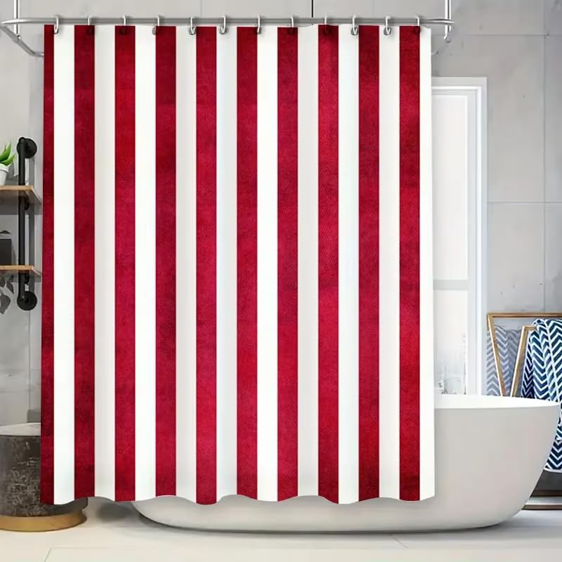 AJALGZ Cortina de Ducha con Rayas Rojas y Blancas, líneas geométricas Minimalistas, decoración de baño, mampara de baño con Ganchos (70 x 140 cm/o bañera)
