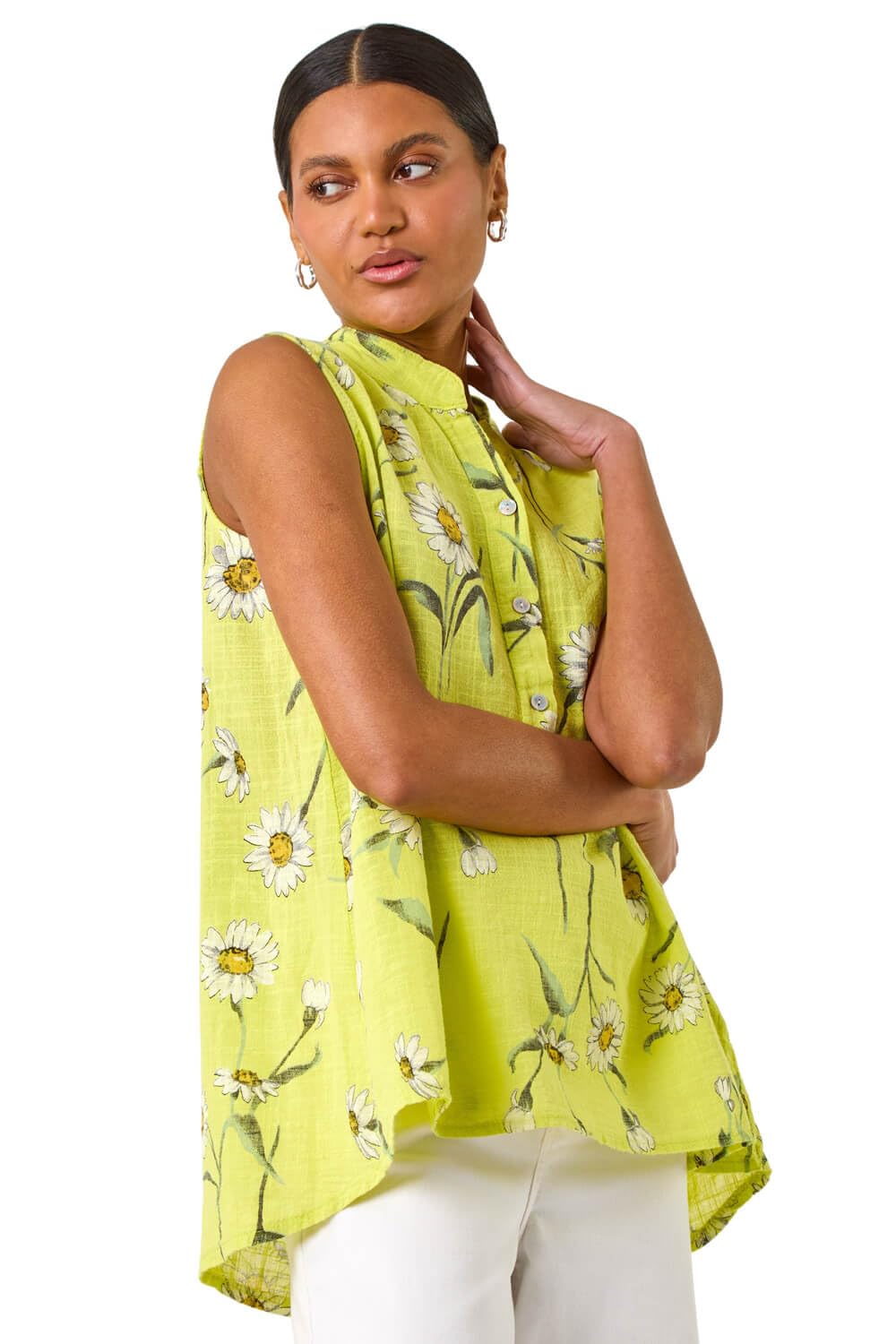 Roman Originals Women's Lime Daisy Print V-Neck Vest For Uk - Everyday Holiday Spring Summer V-Neckline Comfy Soft Evening Vacation Work Party - Large