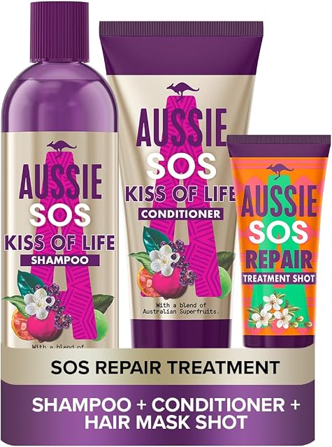 Aussie SOS Shampoo And Conditioner Set + Intense Shot Hair Mask for Dry Damaged Hair, Kiss Of Life Hair Repair Treatment With Australian Superfoods, Shampoo, Conditioner + Treatment