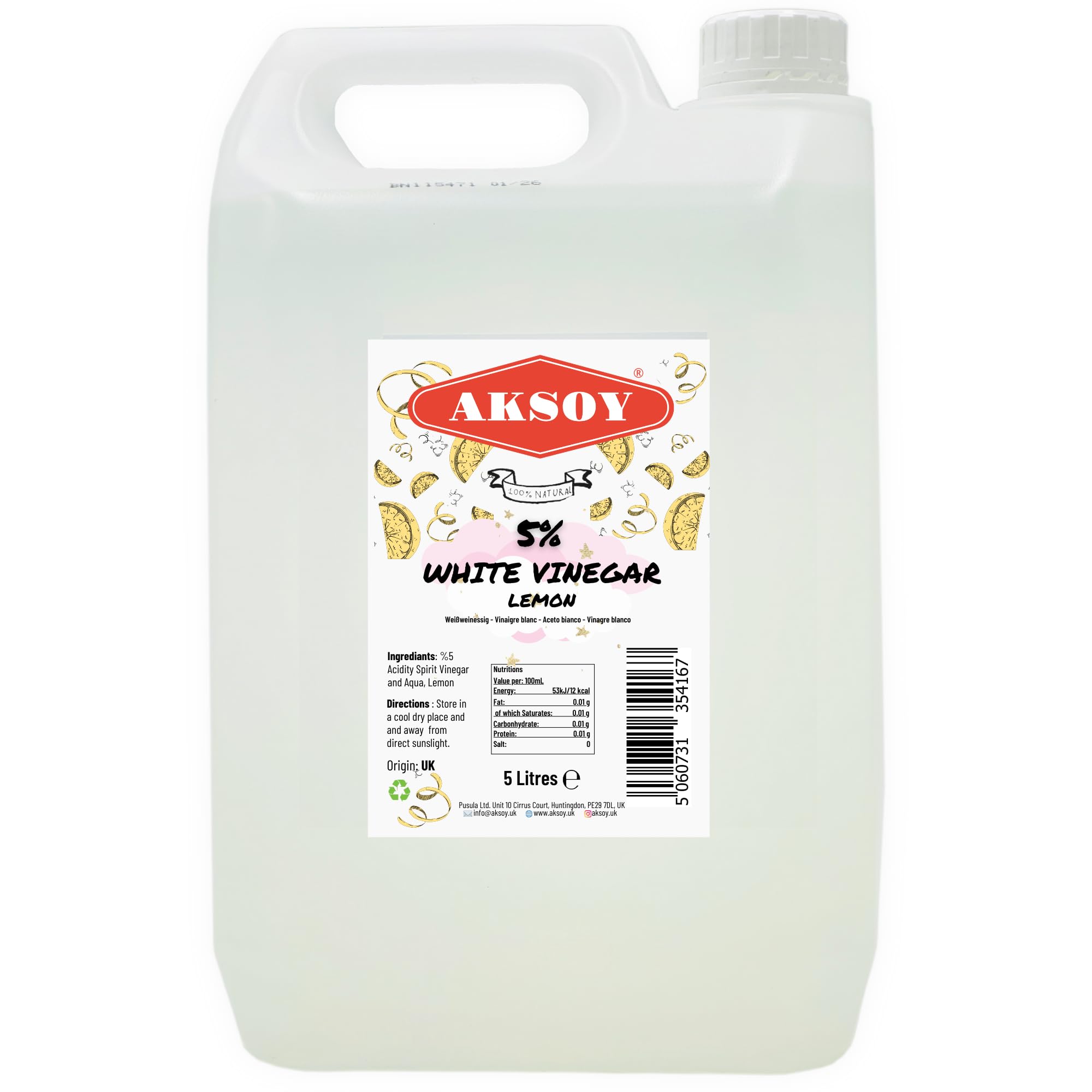 Aksoy Lemon White Vinegar 5% 5LT,Perfect for Cleaning, Tough Stains, Weed Killer, Descaling & Household Use
