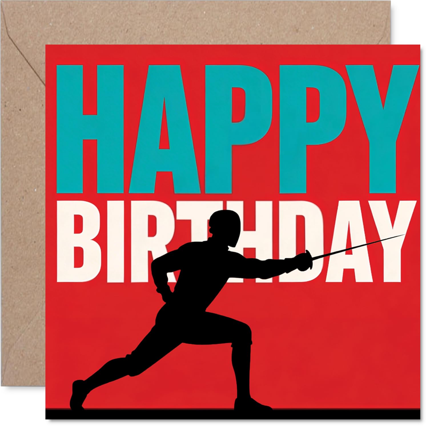 Playful Birthday Card - on Guard for Birthday Laughs - Striking Fencer Silhouette with Bold Colours - Great for Sporty Types - 145mm Square, Envelope Included