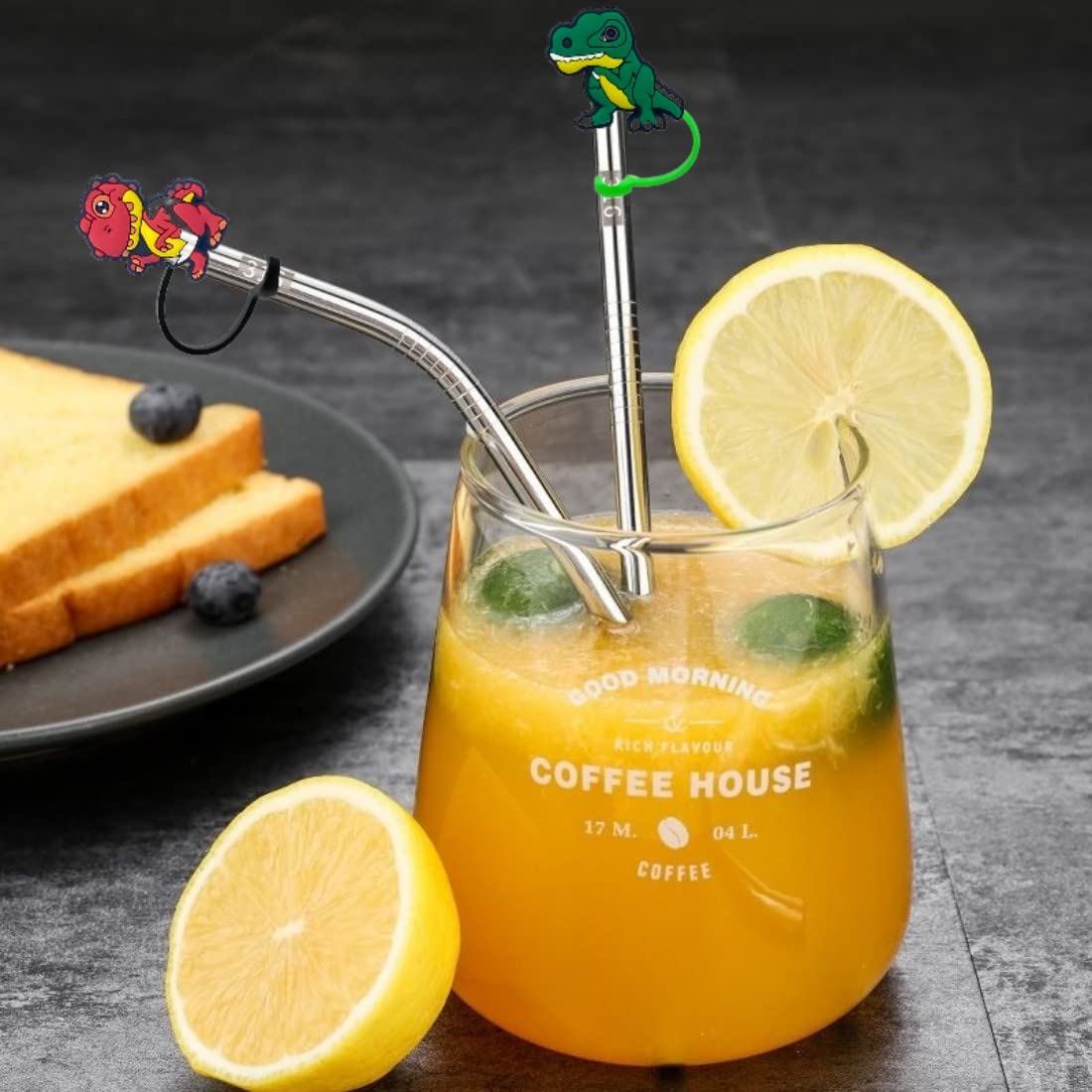 Straw Cover for Stanley Cups, 8pcs Dinosaur Straw Cover Cap - Reusable Dust-Proof Drinking Straw Tips Cover Fit for 6-8mm Straws