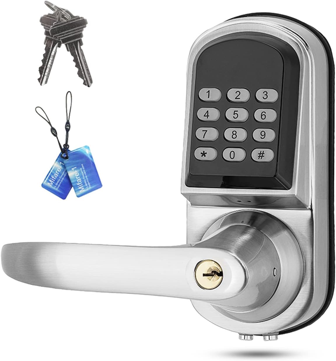 Keyless Entry Door Lock with Left Handle, Auto-Lock Door Locks with Keypads & FOB Cards, Electronic Door Lock for Front Door, Easy Installation, Satin Nickel