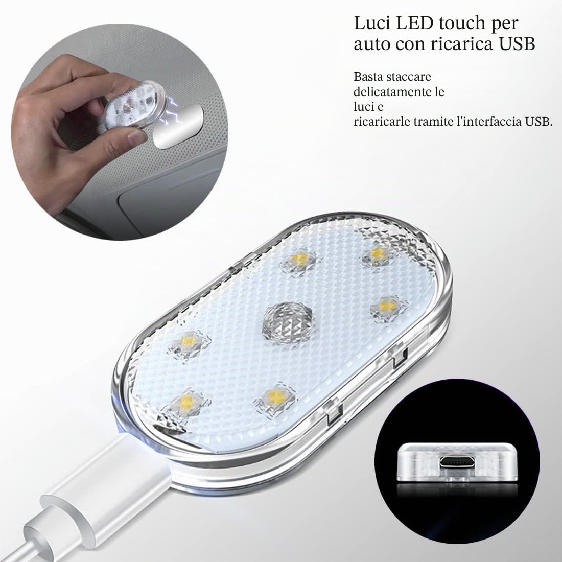 2 PCS auto ha condotto le luci interne,Illuminazione ambientale bianca interna,Luce di lettura interna auto ricaricabile USB