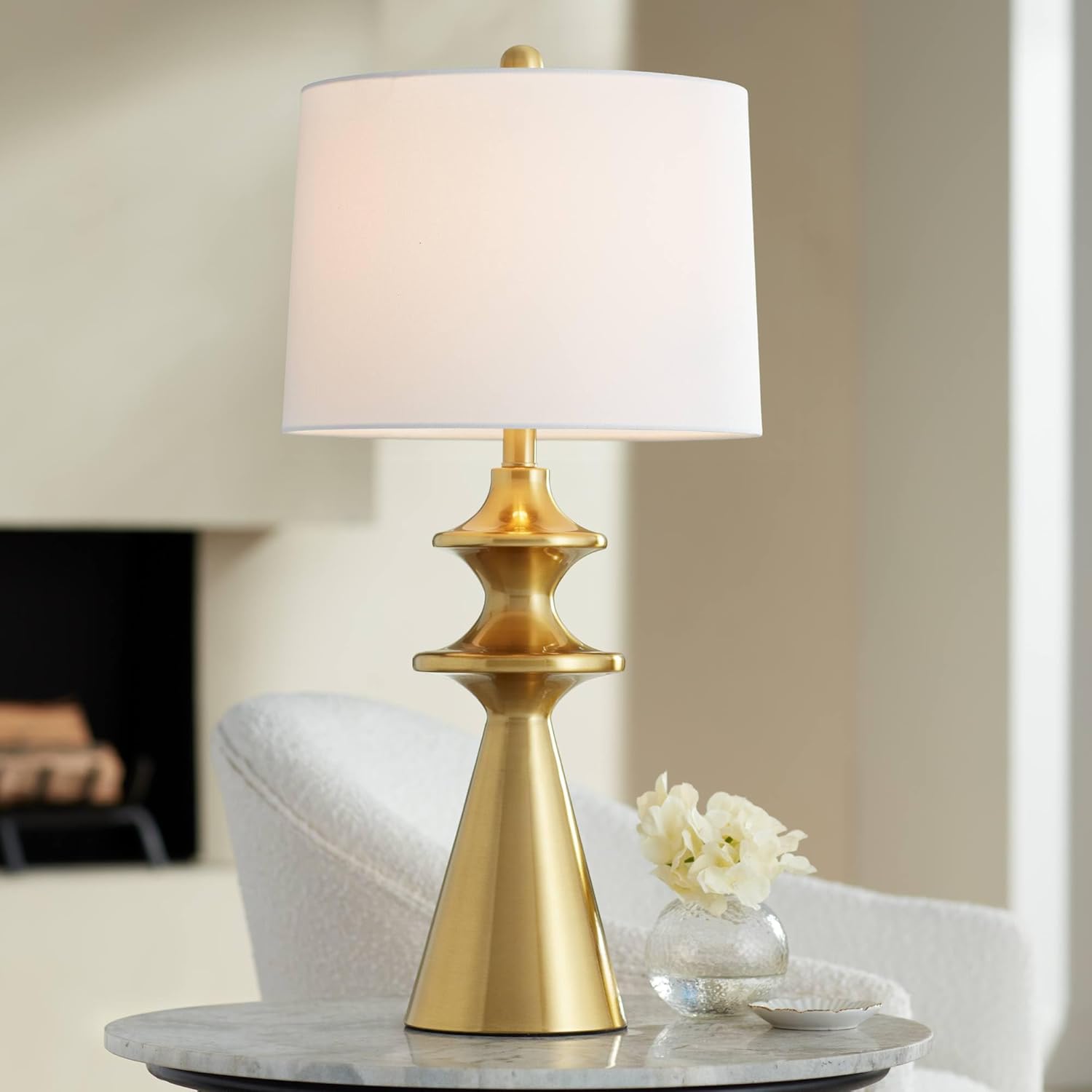 360 Lighting Farah 28 3/4" Tall Sculptural Turned Cone Modern End Table Lamp Gold Finish Metal Fabric White Shade Living Room Bedroom Bedside Nightstand House Office Home Reading Kitchen Entryway
