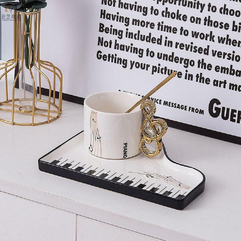 Kreative Klavier Kaffeetasse mit Unterteller und Löffel,200ml Keramik Cappuccinotasse Süß Musiknoten Espressotasse Mochatasse Geschenk für Mutter freundin Geburtstag Valentinstag (Weiß)