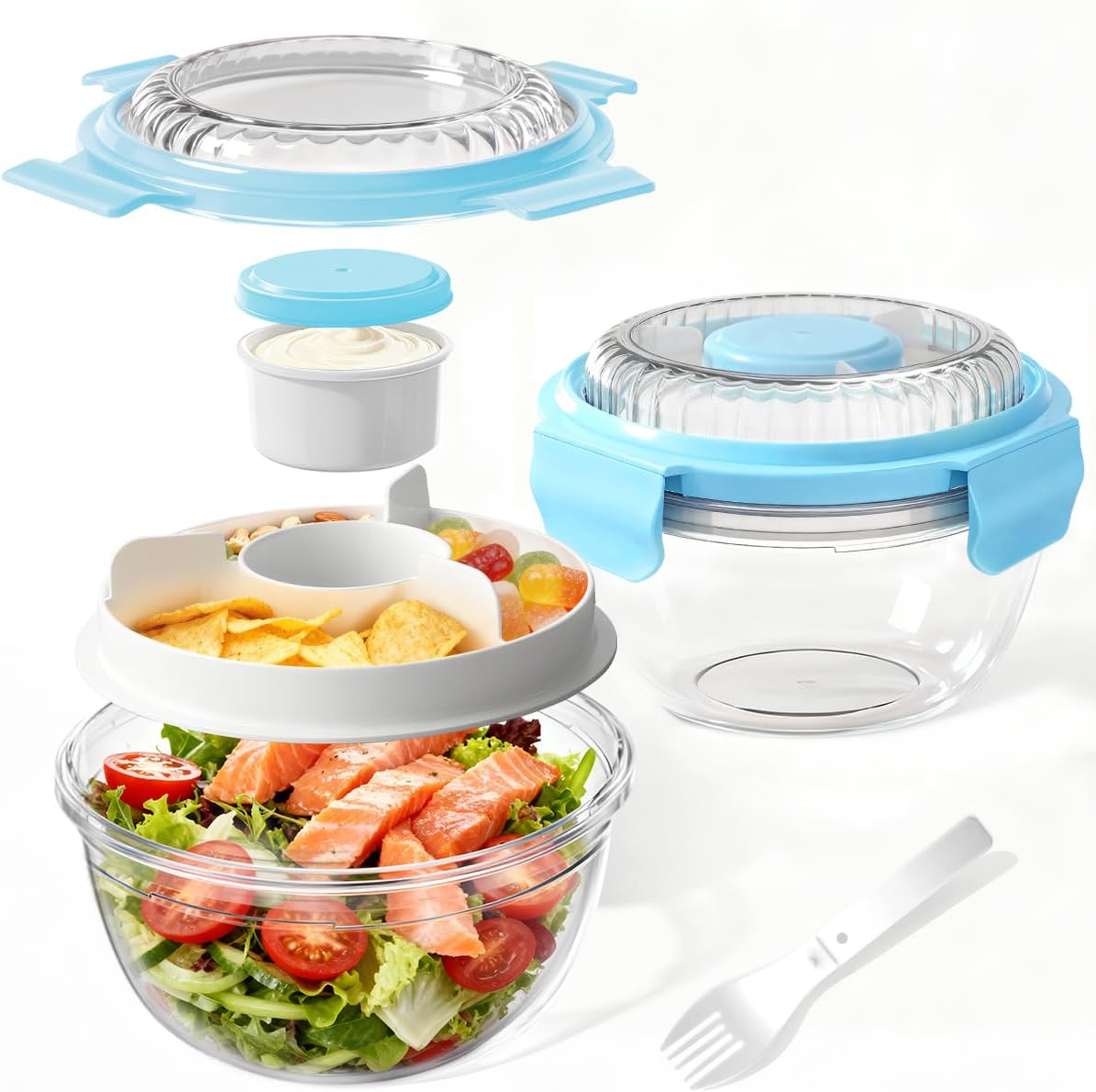 WHALEHOUSE 2-Pack 33 OZ Clear Eco-friendly SK chemicals ECOZEN Salad Container Sets, Portable Plastic Salad Bowls with Lid, Leak-Proof Dressing Container, Bento Lunch Box for Meal Prep & Food Storage