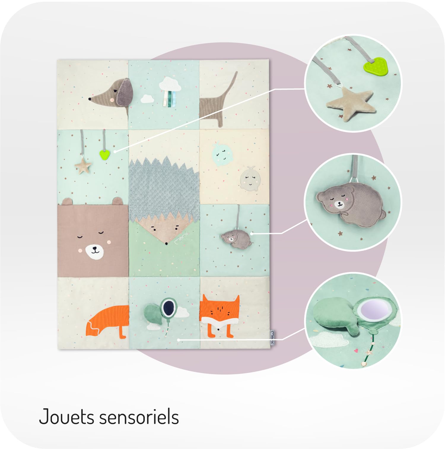 Tapis sensoriel Momi VOLPI pour bébés et tout-petits 120 x 160 cm, tapis de jeu et couverture rampante pour filles et garçons, pliable dans un sac avec poignées de transport