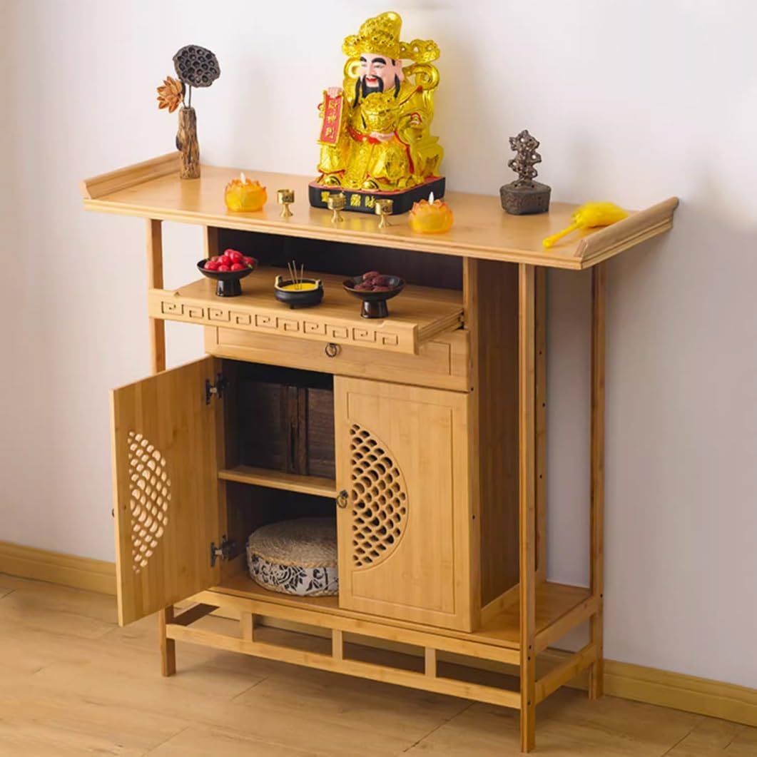 NHPJFDC Personal Shrine Altar Table, Chinese Bamboo Altar Cabinet Buddha Niche, Bamboo Meditation Table Buddhist Altar with Storage Household Offering Table (Wood, 100cm/39.3")
