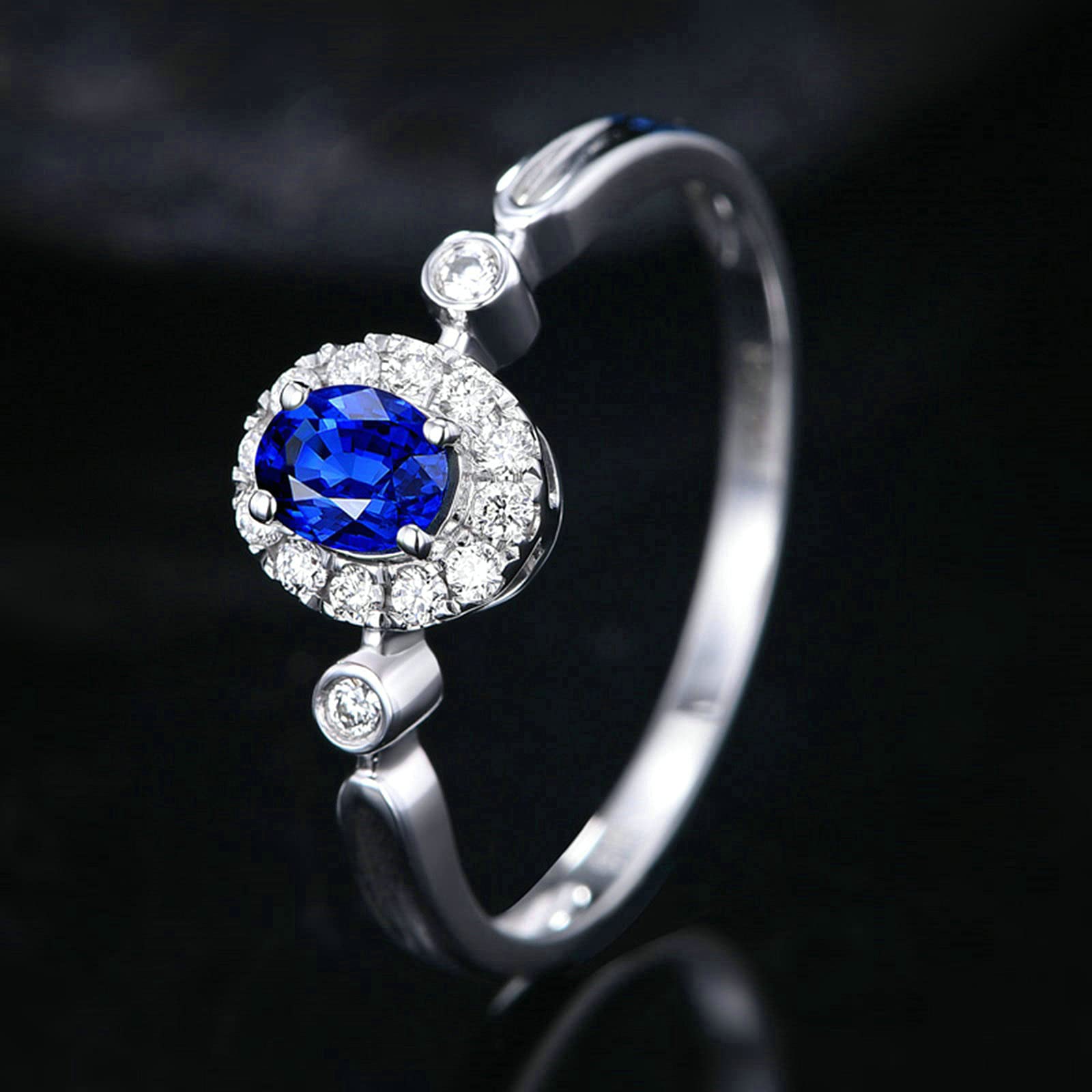 KnSam Anello Zaffiro Donna Oro Bianco, Fedi Nuziali d Oro Bianco Diamante Halo con Zaffiro 0.38ct Dimensione 6,75