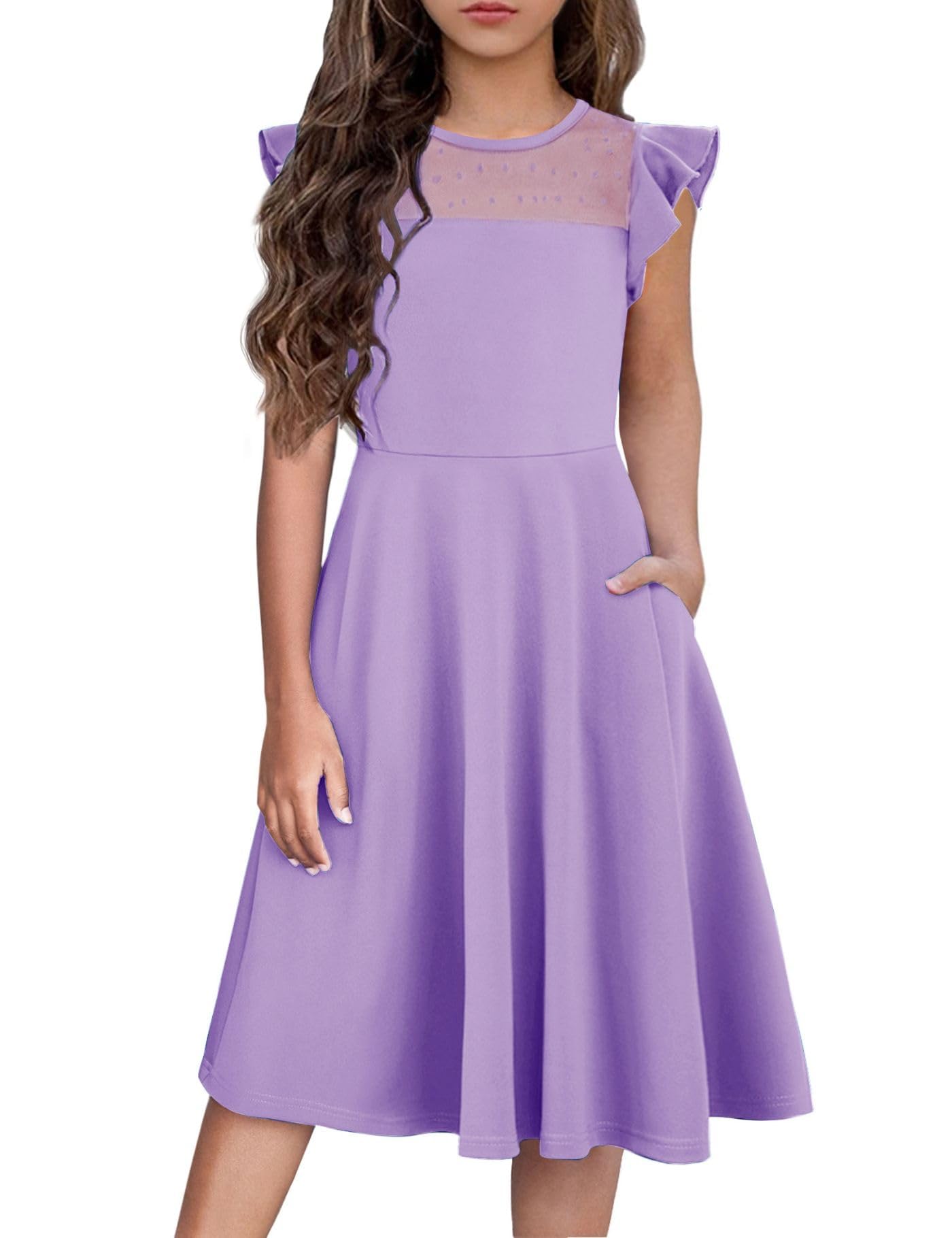 Arshiner Mädchen Kleid Sommerkleid Rüschen Kurzärmel Mesh A Line Casual Partykleider mit Taschen Kinder Kleider für 6-13 Jahre
