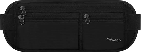 RYACO Security Pouch Waist Pack Money Belt RFID Skimming Protection Triple Pocket Large Capacity Travel Accessories Ultra-light Ultra-thin Water-resistant No Shaking Running Pouch Card Wallet Hidden