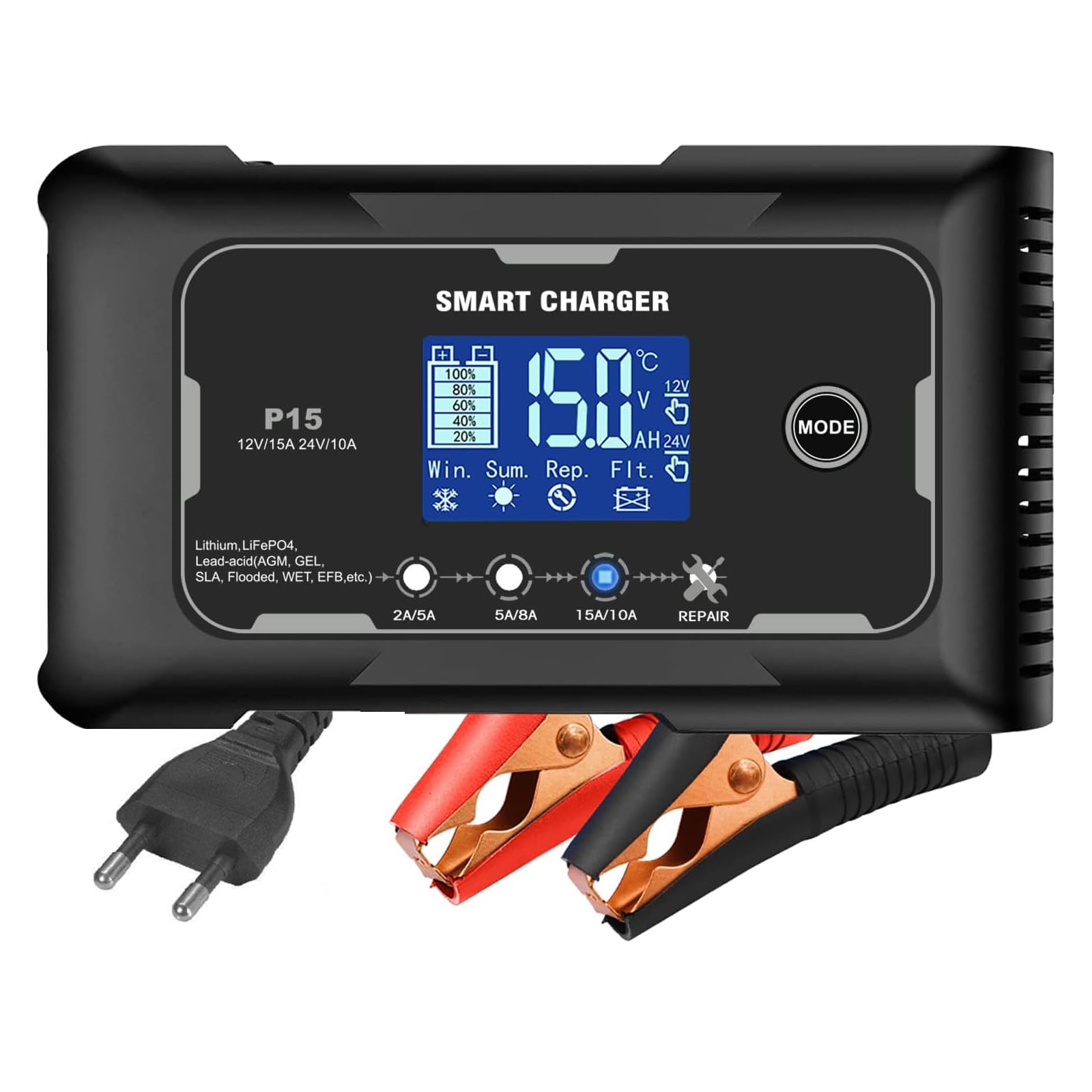 Haisito Ładowarka do akumulatora samochodowego 15 A/10 A, 6 V/12 V/24 V, nadaje się do akumulatorów litowych, LiFePO4 i kwasów ołowiowych (AGM, żelu, MF, EFB, SLA, VRLA itd.) motocykli, kosiarek