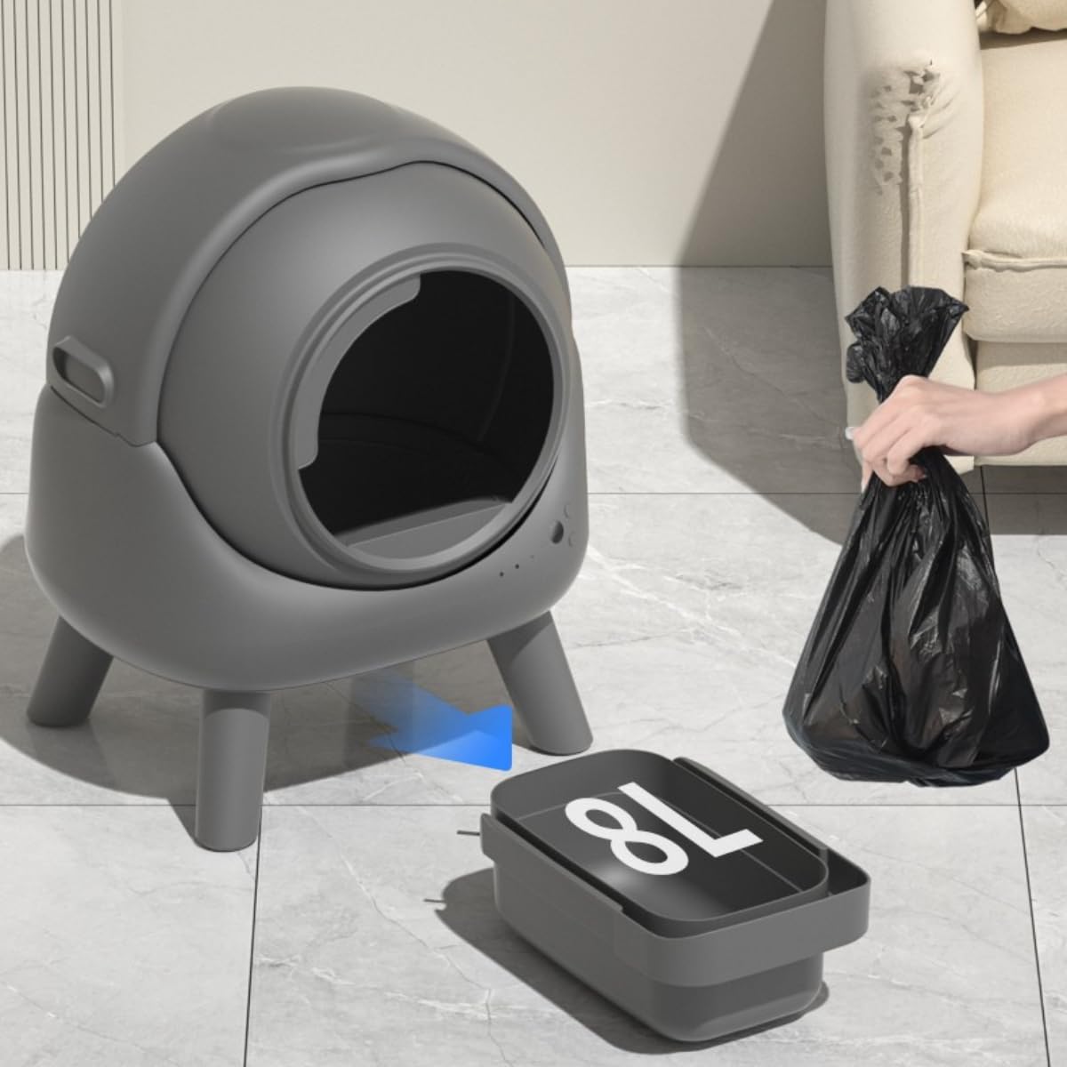 Arenero Autolimpiable para Gatos, WiFi y App | Caja de Arena Automática Inteligente, Sistema Antifugas y Anti olores, Depósito XL de 8L, Sensores Infrarrojos de Seguridad