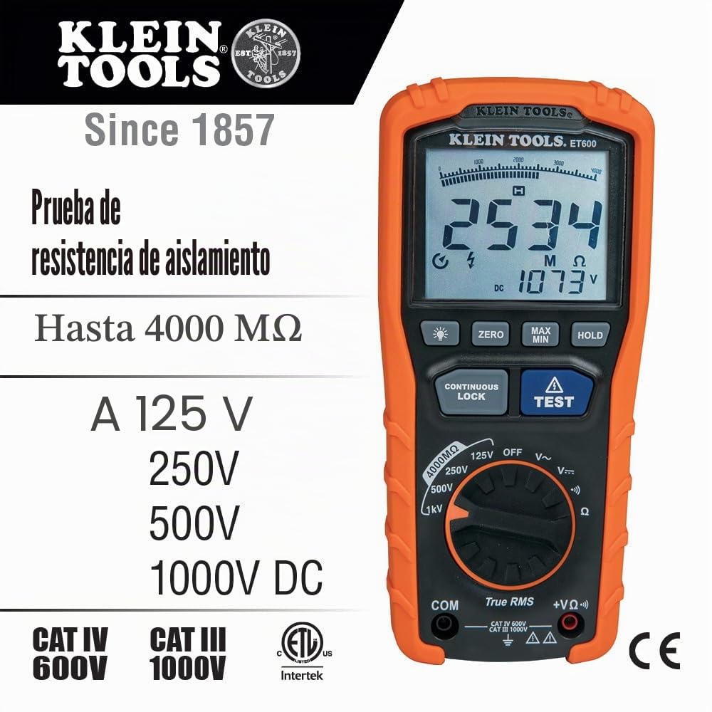 Klein Tools ET600, multímetro probador de resistencia de aislamiento, resistencia de 4000 megohm, voltaje de prueba de 125 V/250 V/500 V/1000 V