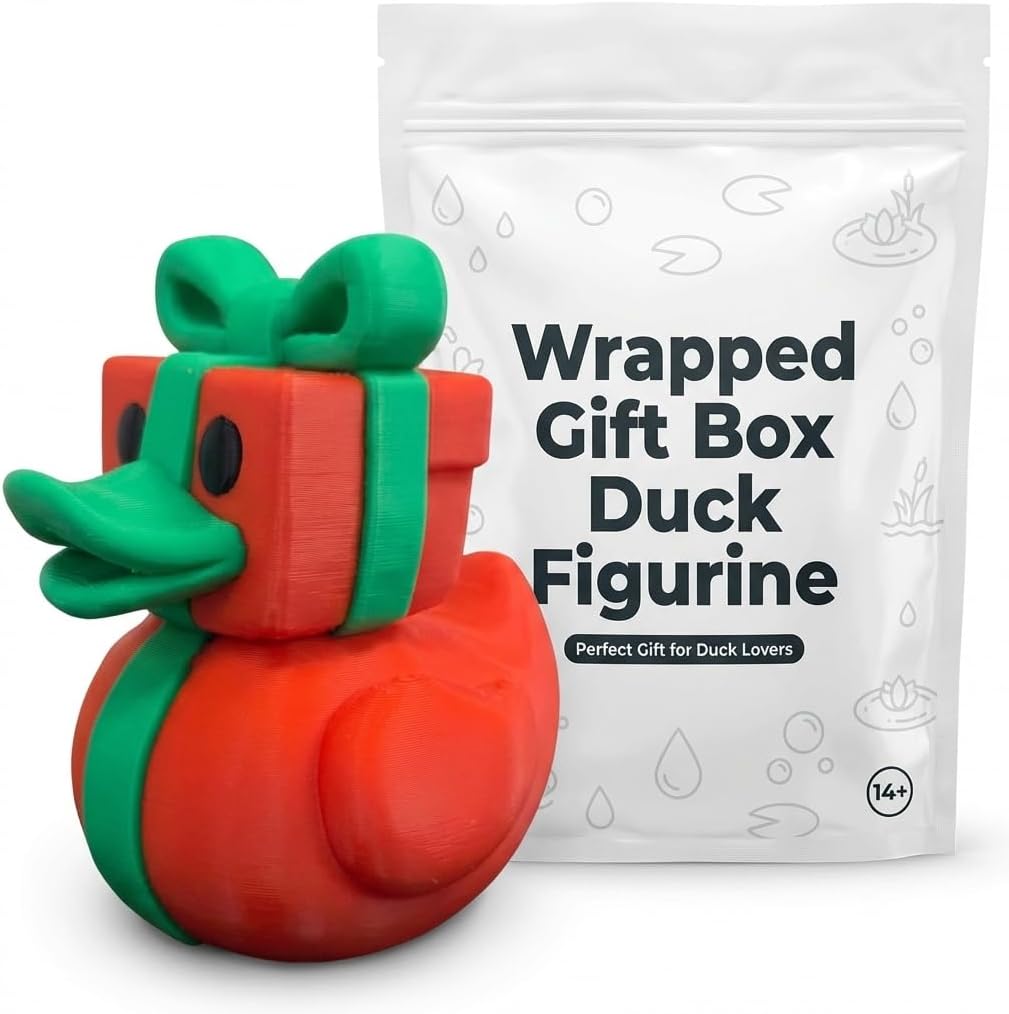 Wrapped Gift Box Duck Collectible Figurine - Vibrant Holiday Decor for Unique Home Accent and Gift Display - 3D Printed in Canada