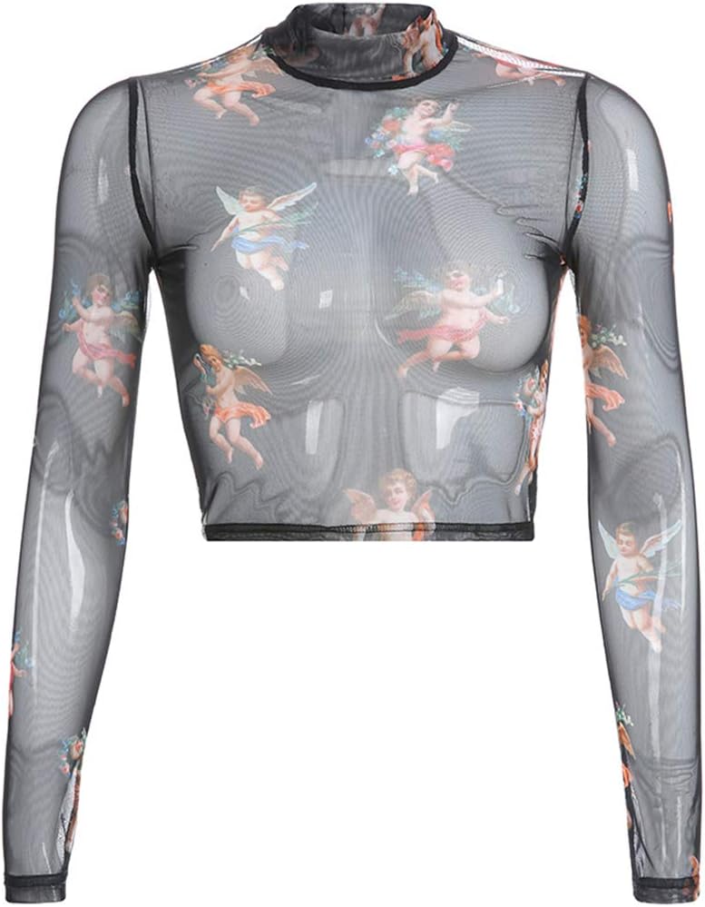 MeiqqmWomens Summer Long Sleeves Mock Neck Crop Top Romantic Colored Angel Cupid Printed T-Shirt See Through Mesh Party Club Blouse 4 Colors (Black, S)