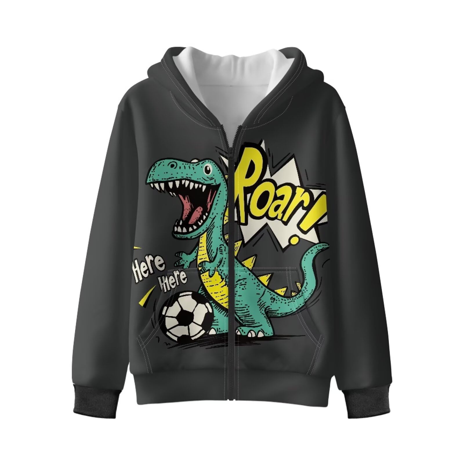 Xoenoiee Dziecięce bluzy z kapturem dla chłopców, zapinana na zamek, bluza 3D, fajna grafika zwierzęca, sweter z długim rękawem, top na jesień i zimę, Czarna kreskówka dinozaur piłka nożna, 12-14