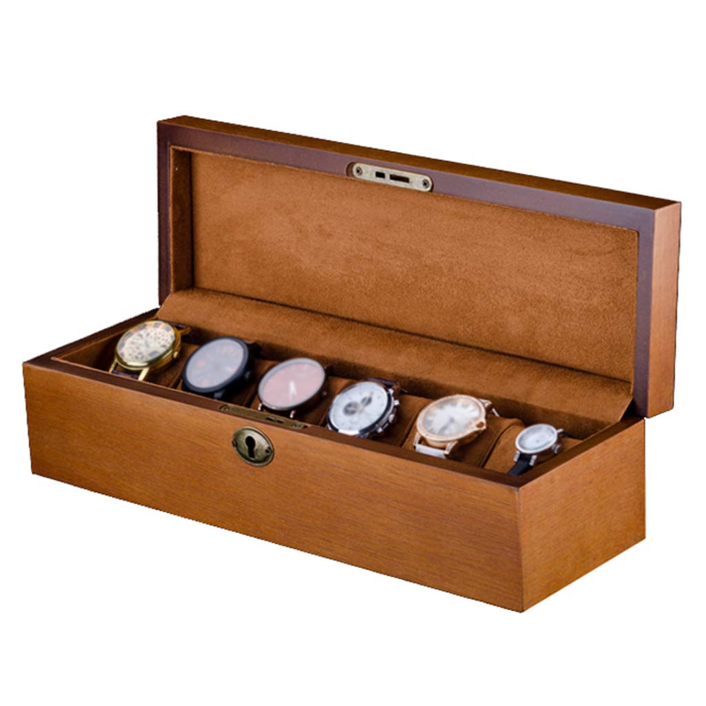 ANVLOJRIH 6 Slot Wooden Watch Display Case Wrist Wristwatches Jewelry Storage Box Showcase Organizer Soft Pillows and Lockable Metal Lock