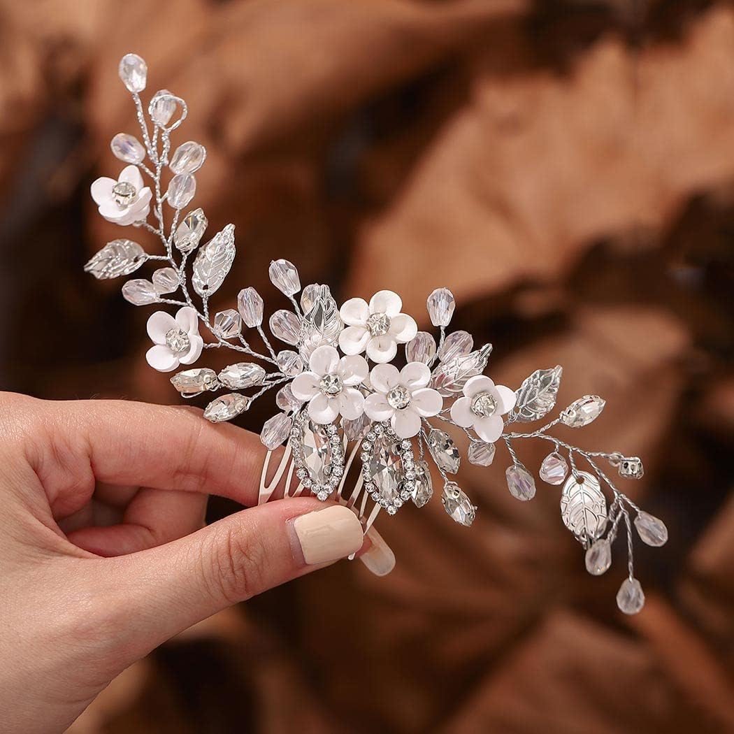 Unicra Flower Bride Wedding Hair Comb Silver Crystal Hair Accessories Rhinestone Bridal Headpiece for Women and Bridesmaid - Image 3